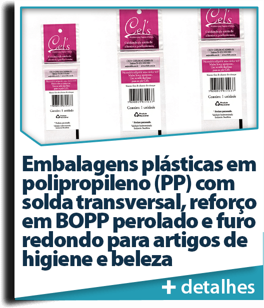 Embalagens PP com solda, reforço em BOPP para artigos de higiene e beleza